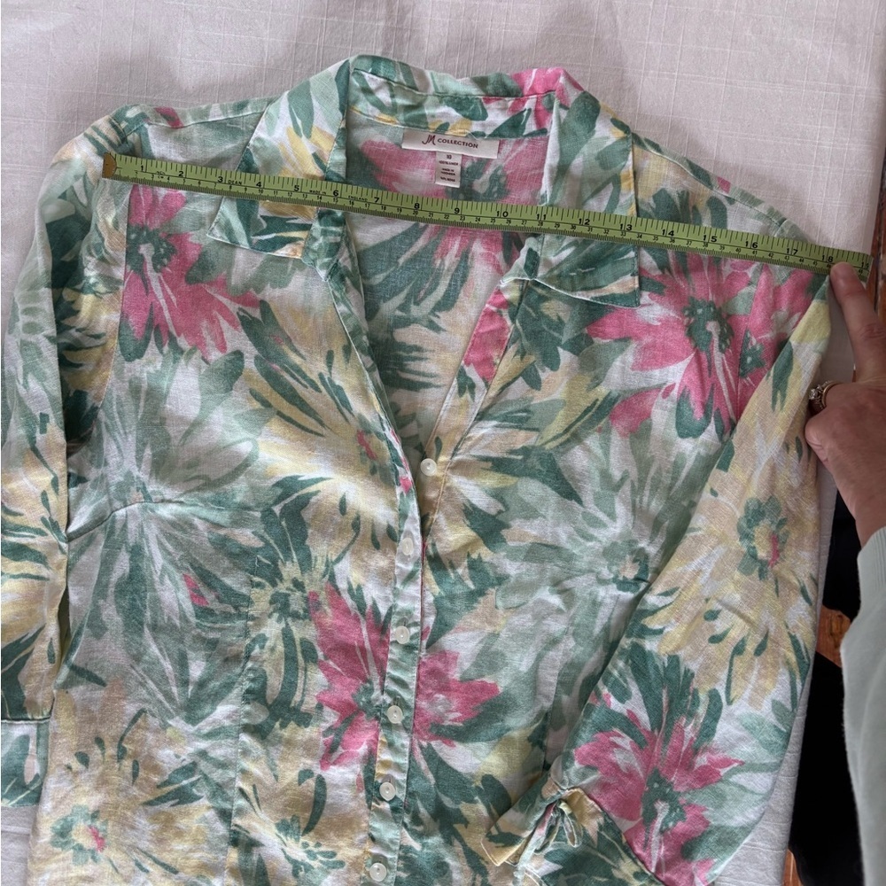 JM Collection Women’s 100% Linen 3/4 Sleeve Button Front Floral Pink /Green Top - Picture 6 of 9